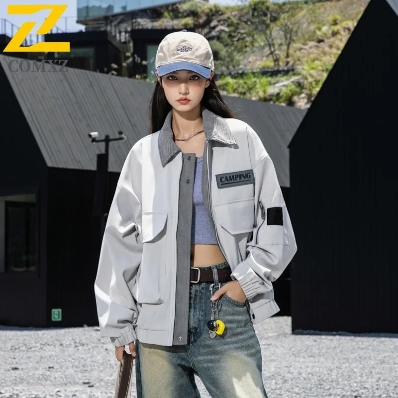 COMXZ Mens Jacket New American Trendy Color Block Notch Lapel Windbreaker Men Riding Versatile Minimalist Windproof Autumn Coat