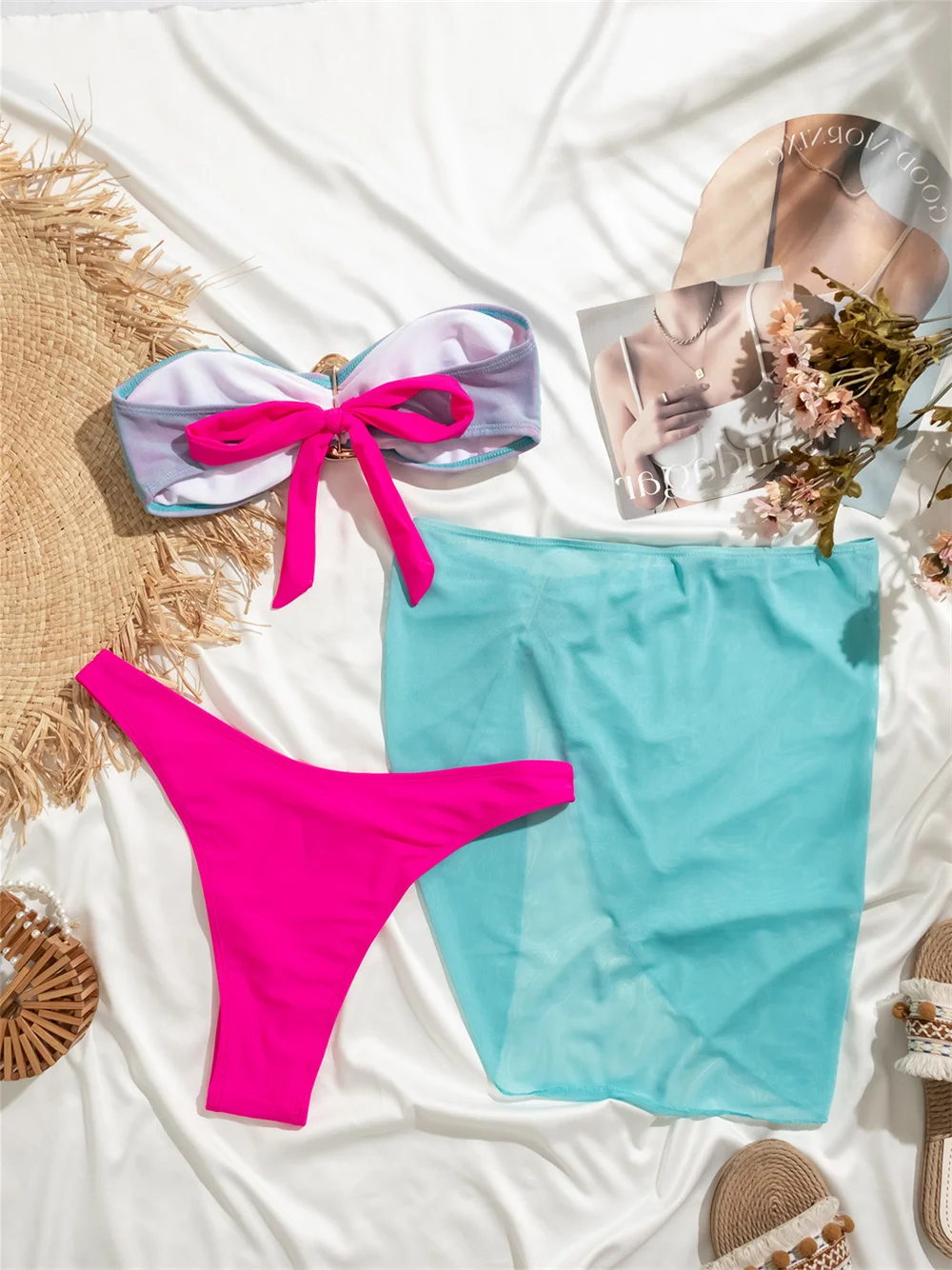 Bikini de malla Sexy Y2K para mujer, traje de baño Bandeau anudado con espalda descubierta de tul, traje de playa para mujer, traje de baño para vacaciones, conjunto de Bikinis