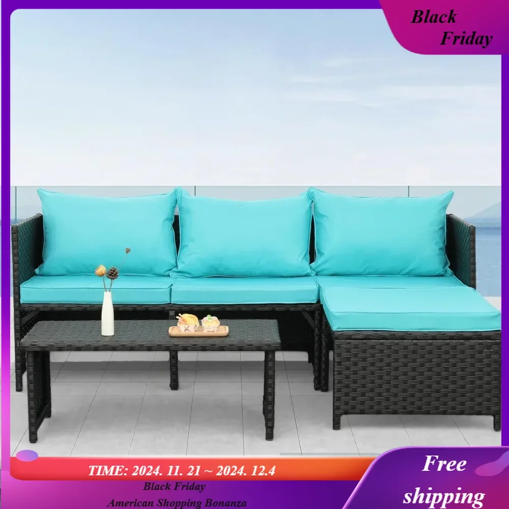 

3-Piece Outdoor PE Rattan Furniture Set Patio Black Wicker Conversation Loveseat Sofa Sectional Couch Turquoise Cushion