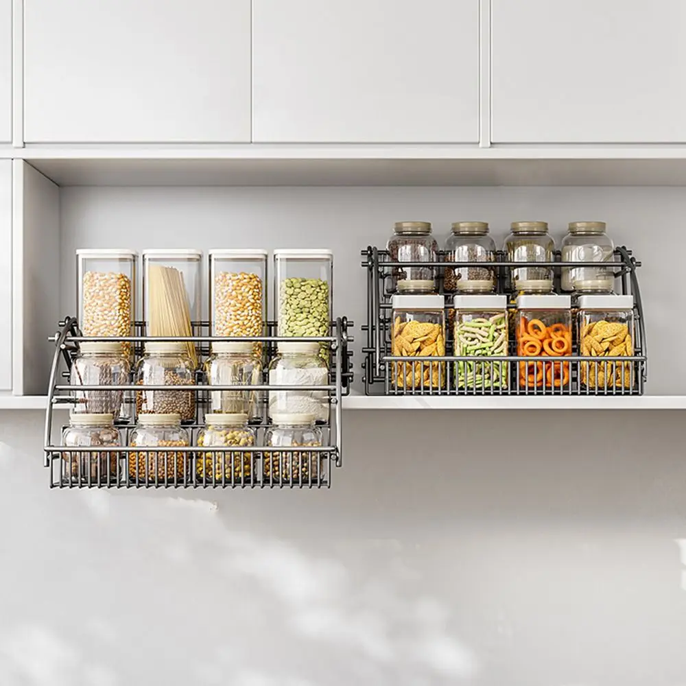 

Carbon Steel 3-Tier Pull Down Spice Rack Space Saving Rust-proof Pull Down Cabinet Spice Rack Large Capacity Strong Load-bearing