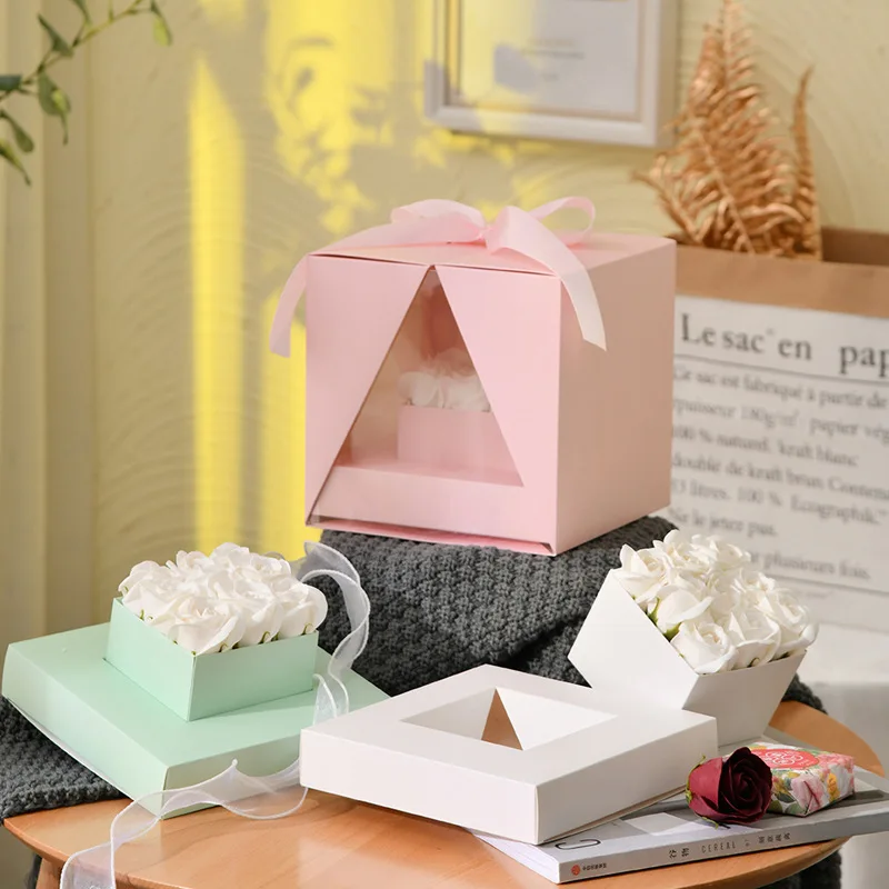 5Pcs Cardboard Packing Gift Box with Bottom Bracket Weddding Party Cake Box Christmas Portable PET Flower Arrangement Box