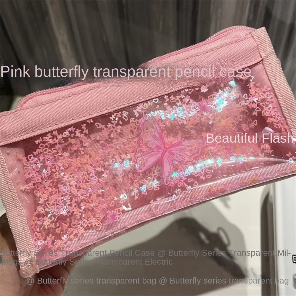 New Butterfly Flowing Sand Pen Bag Large Capacity Multifunctional Stationery Bag Stationery Organizer Canvas Pencil Case