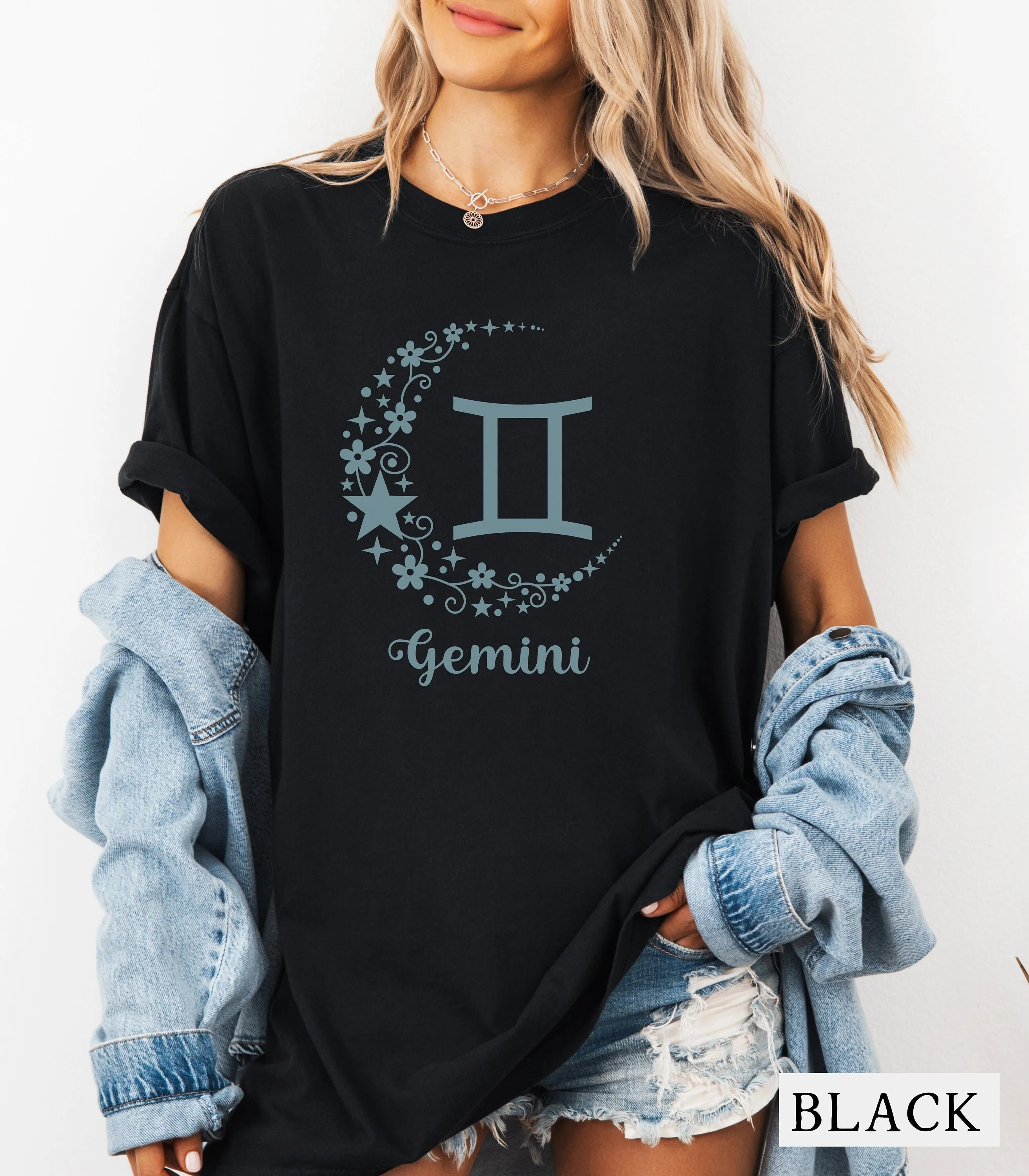 Celestial Gemini T Shirt Astrology With Slivered Moon Perfect Horoscope Zodiac Cotton