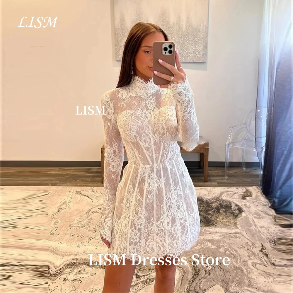 

LISM Full Sleeves Elegant A-Line Wedding Party Dresses Soft Lace High Neck Mini Prom Dresses Photo Shoot Zipper Back Customized