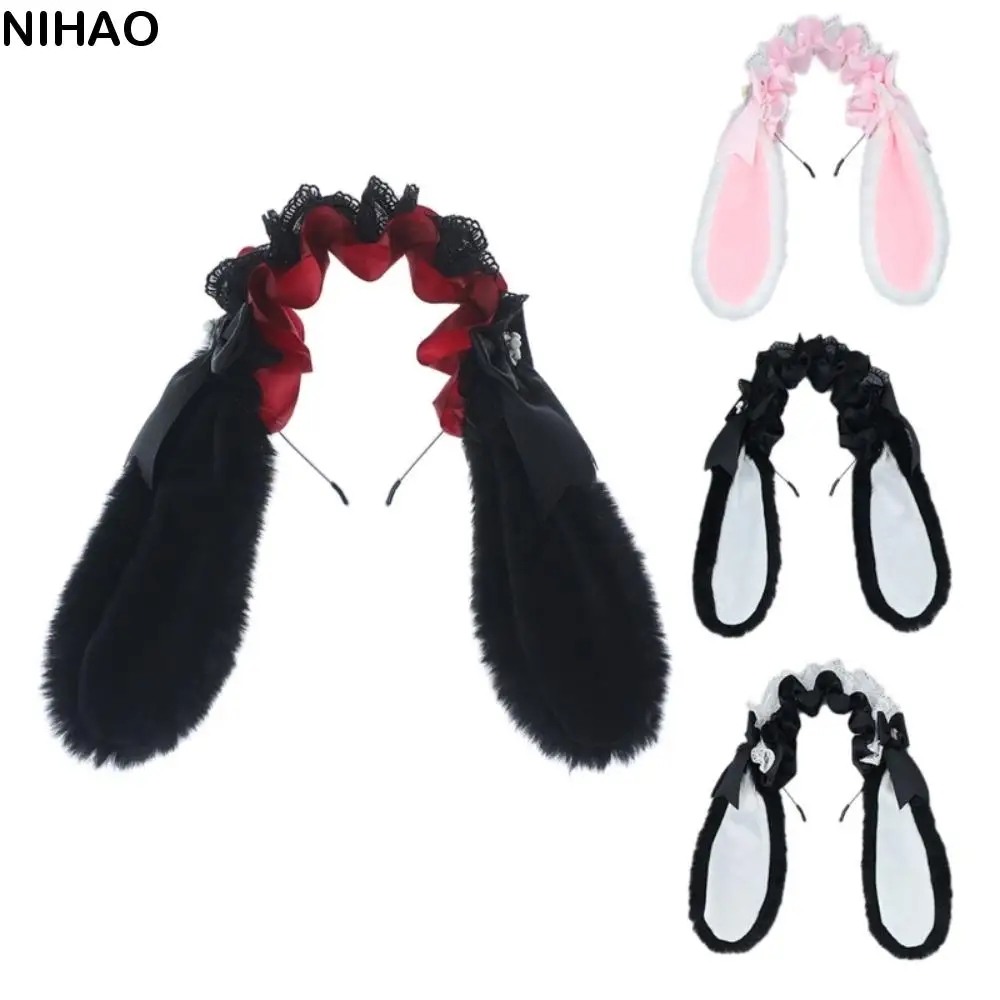 

Japanese Bowknot Plush Bunny Hair Hoop Lace Ribbon Cosplay Hair Bands Furry Cute Lop Ear Headwear Anime Expo