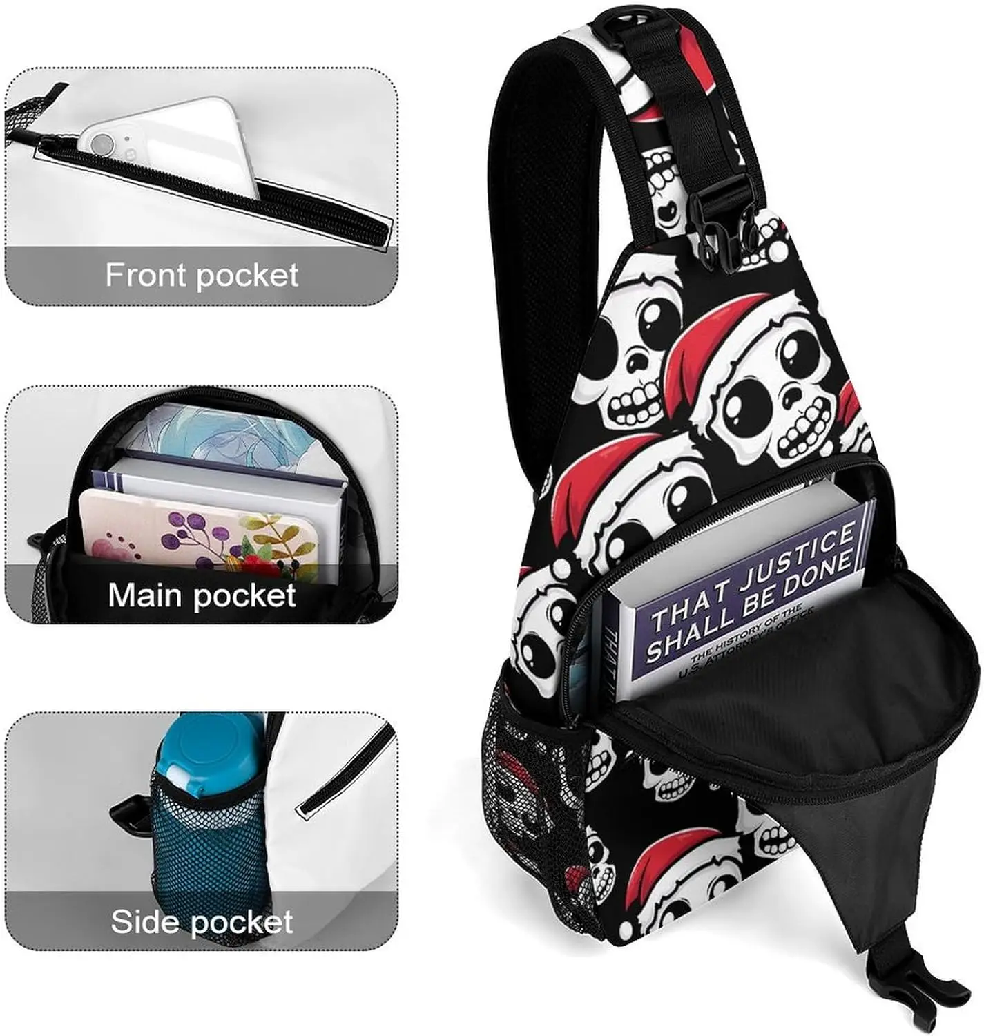 الجمجمة عيد الميلاد عارضة حقيبة كتف Crossbody حقيبة رافعة المشي لمسافات طويلة Daypack حقيبة صدر للرجال السفر المحمولة قابلة لإعادة الاستخدام متعددة الأغراض