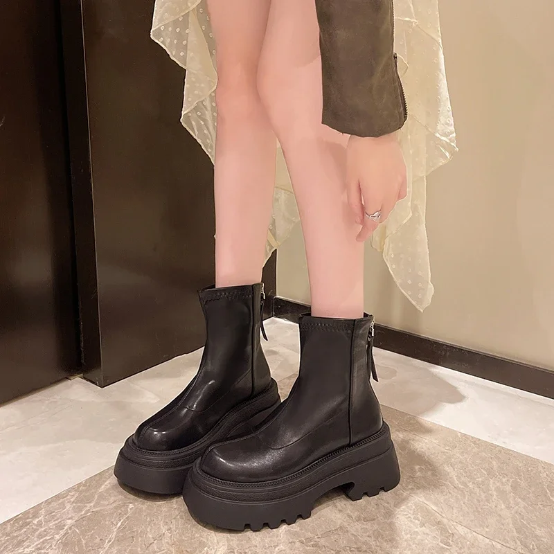 Bottes Courtes à Talon Plateforme pour Femme, Chaussures de Rinçage à Fermeture Éclair Arrière, à la Mode, Nouvelle Collection Automne Hiver 2024