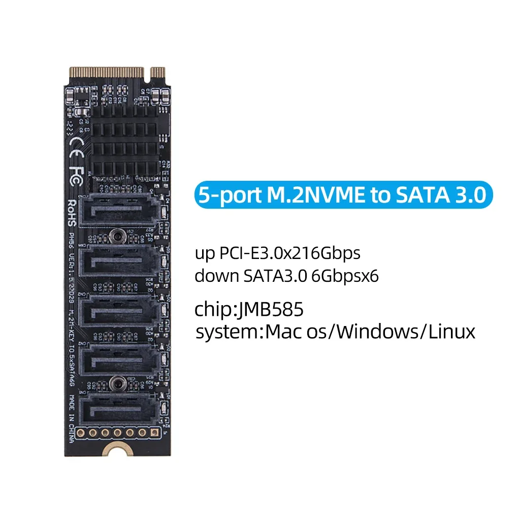 M.2 zu SATA 3.0 Riser Karte M2 M-KEY PCI-E Erweiterungskarte 5/6 Port SATA3.0 Konverter für NVME NGFF zu SATA SSD Adapter Karte 6 Gbit/s