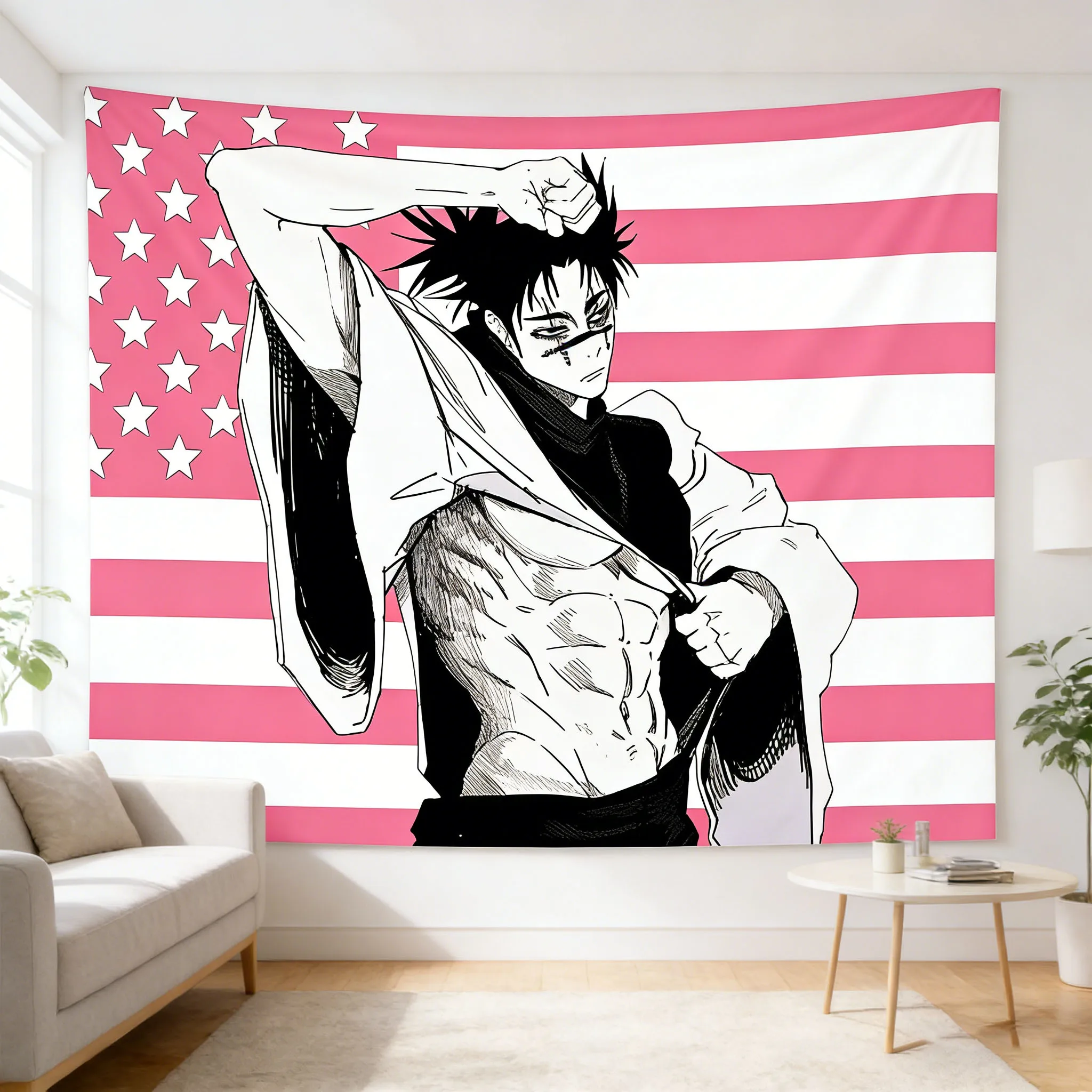 Kaisen Choso Japanischer Anime-Wandteppich, rosa amerikanische Flagge, Bohemian-Wandteppich, Schlafzimmer-Wandteppich, ästhetische Wanddekoration