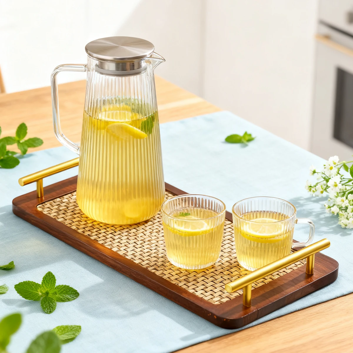 1pc Metal-Handled Tray, Lightweight Reed-Inlaid Solid Wood Design For Displaying Cakes, Desserts, Fruits And Beverages.