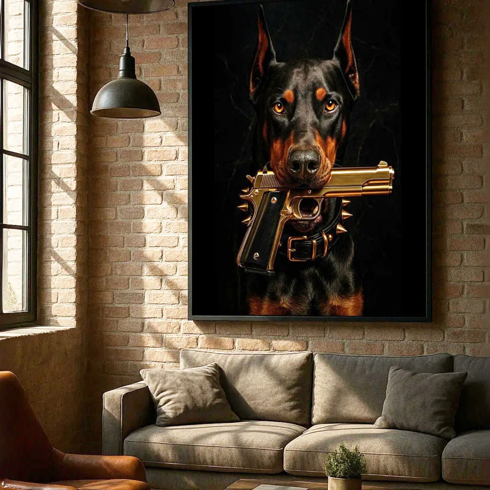 Modern Fashion Black Doberman Dog with Pistol Animal Posters Canvas Painting Print Room Home Bar Cafe Room Wall Decor