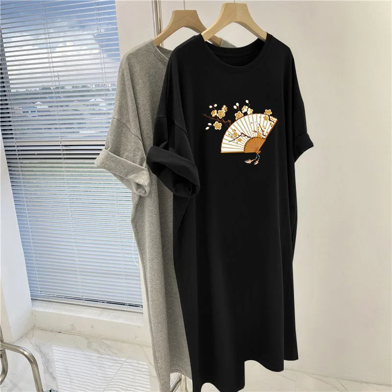 

Summer Cartoon Printed Overknee Tunic, Vintage Loose Casual Basic Pullovers Dress, Women Clothing O-neck Short Sleeve Dresses