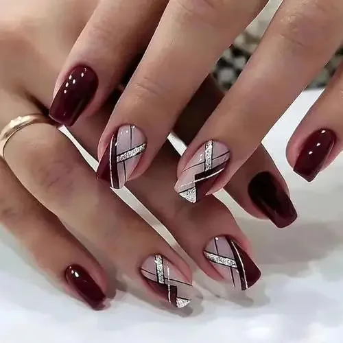 Liquor Red Press on Nails Square False Nails with Glitter Line Designs Fake Nails Medium Length Full Cover Acrylic Nails Stick