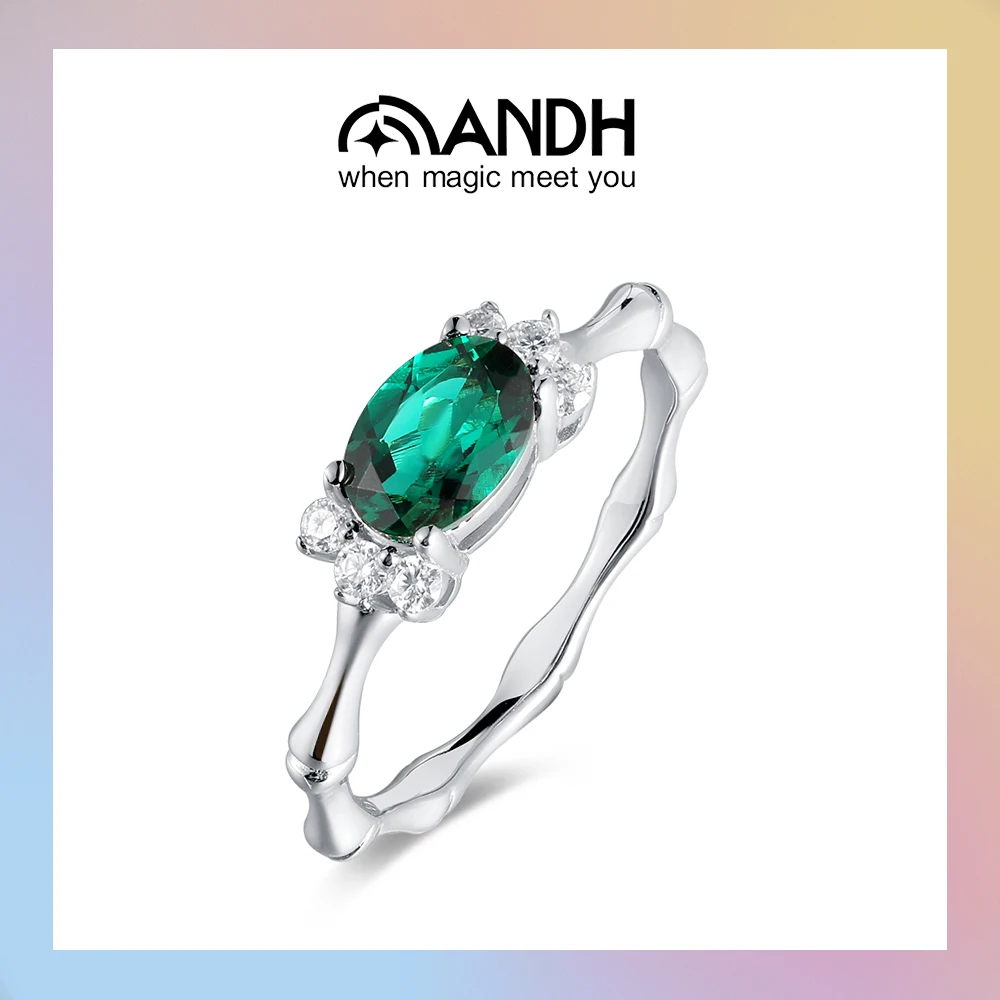 

ANDH Oval Cut Lab Emeralds Moissanite Ring 925 Silver Bamboo Knot Design Birthday Anniversary Luxury Jewelry Gift for Wife Mom