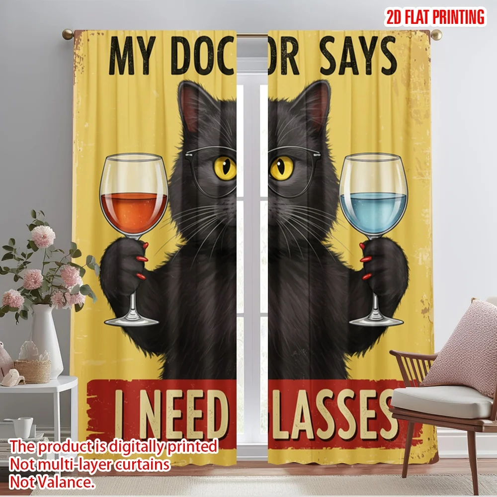

2pcs 2D flat printing Scene Curtains Black Cat Wine Glasses Polyester Without Electricity Festive Holiday for Holiday Decor