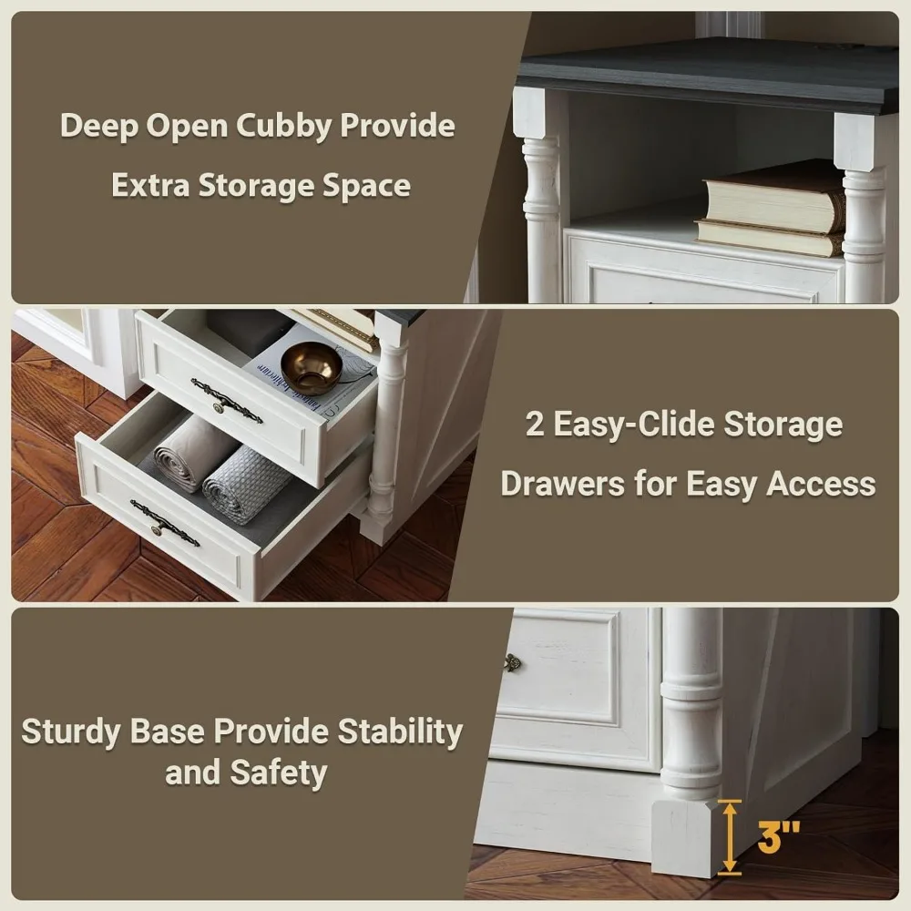 24 Farmhouse Nightstand with Charging Station, Wood Night Stand with 2 Drawers, End Bedside Table Storage Cabinet with Open Shel