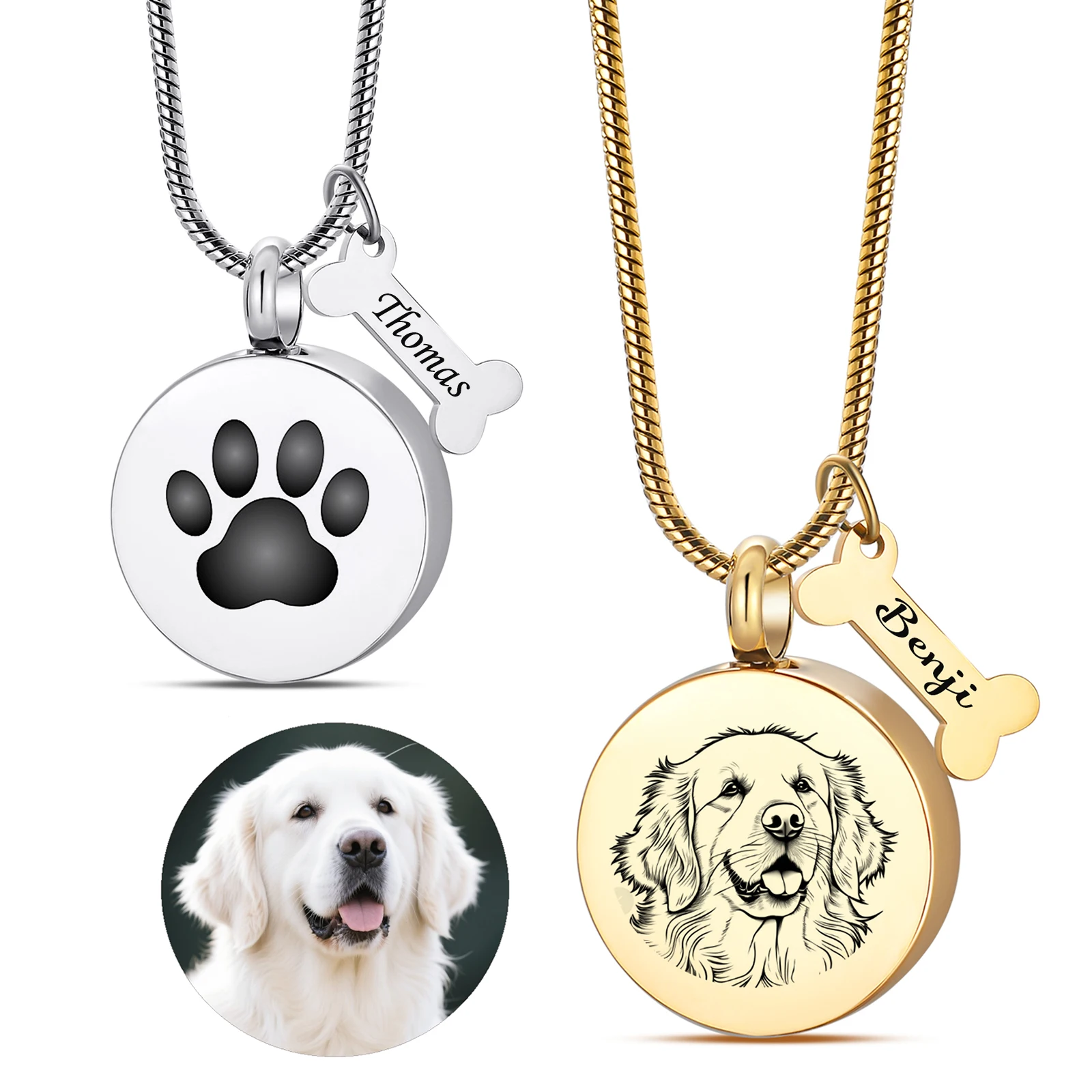 Collar de urna con estampado de pata redonda personalizado para cenizas, joyería de cremación de acero inoxidable personalizada con colgante conmemorativo de hueso de perro