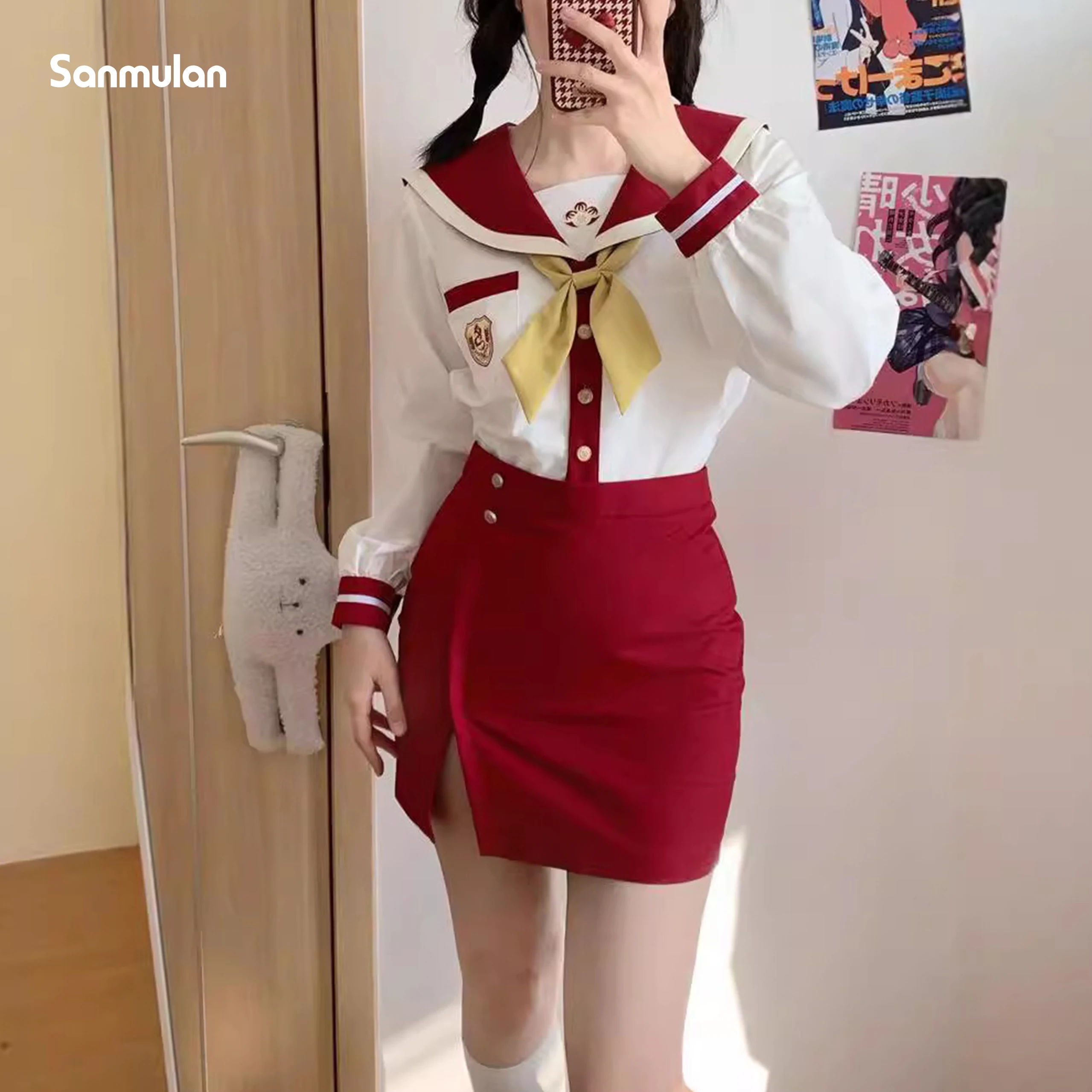 Red White JK Uniform Summer Long Sleeve Japanese School Uniforms Girls Sailor Sets Pleated Skirt JK Uniform Cos School Skirt