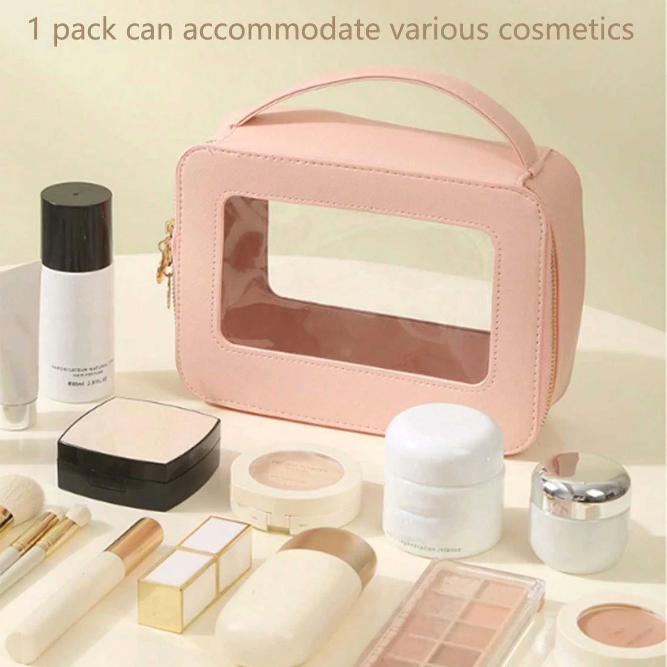 

1pc Contemporary Style Transparent PVC Cosmetic Bag With Dual Window Design, Waterproof Dustproof, Easy-to-Clean With Handle And