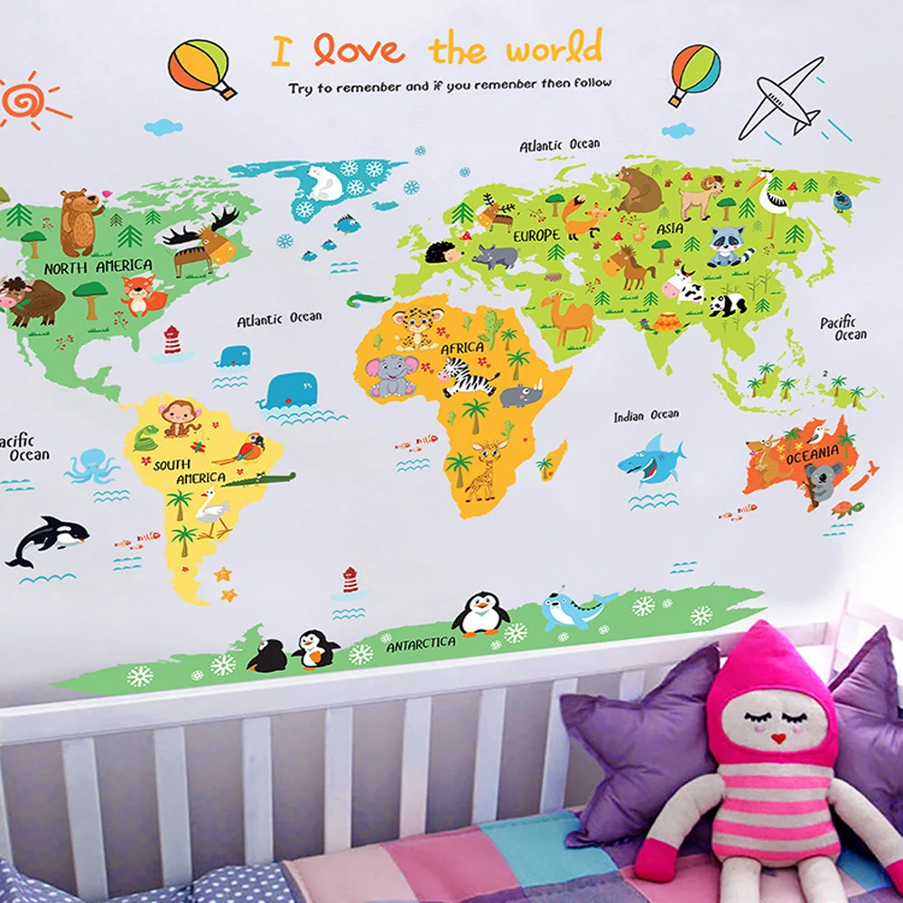 Cartoon world map PVC DIY Self Adhesive Vinyl Wall Stickers Bedroom Home Decor for Children Room Decoration Art Wall Decal Mural