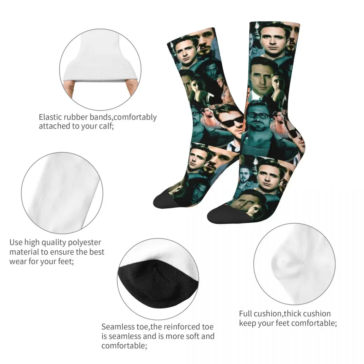 Retro Ryan Gosling Collage Accessories Socks Sweat Absorbing Skateboard Middle Tube Socks Cute for Women Men Small Gifts