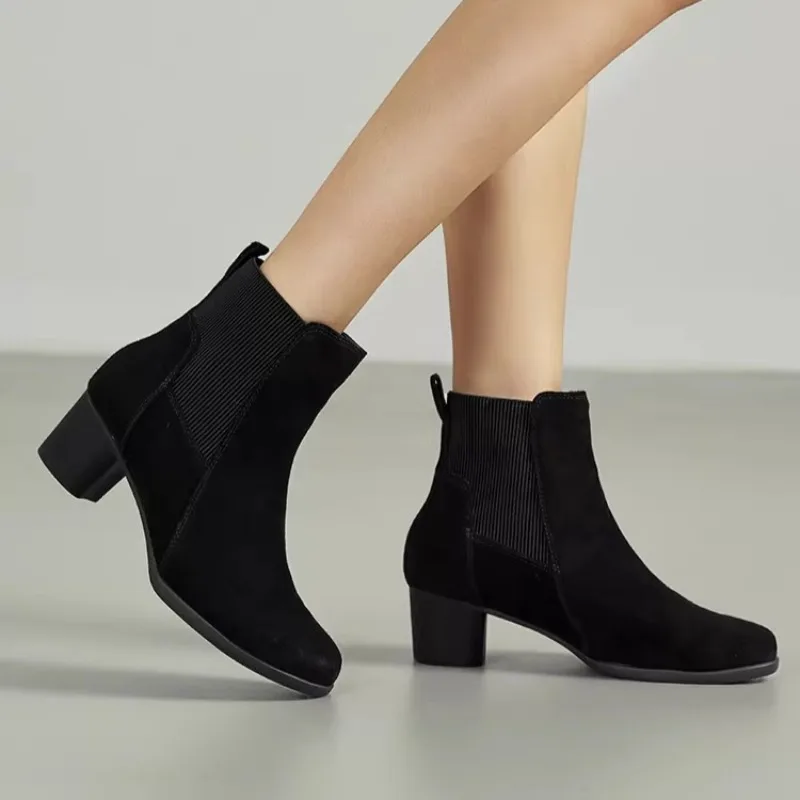 Women's Chunky-Heel Ankle Boots Suede Mid-Heel Boots Comfortable Commuter Work Shoes Chelsea Boots