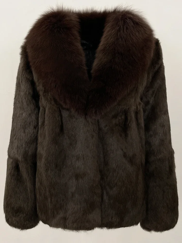 2025년 신상 여성 천연 토끼털 코트 두꺼운 따뜻한 상의 여성 패션 플러피 리얼 폭스 퍼 칼라 재킷