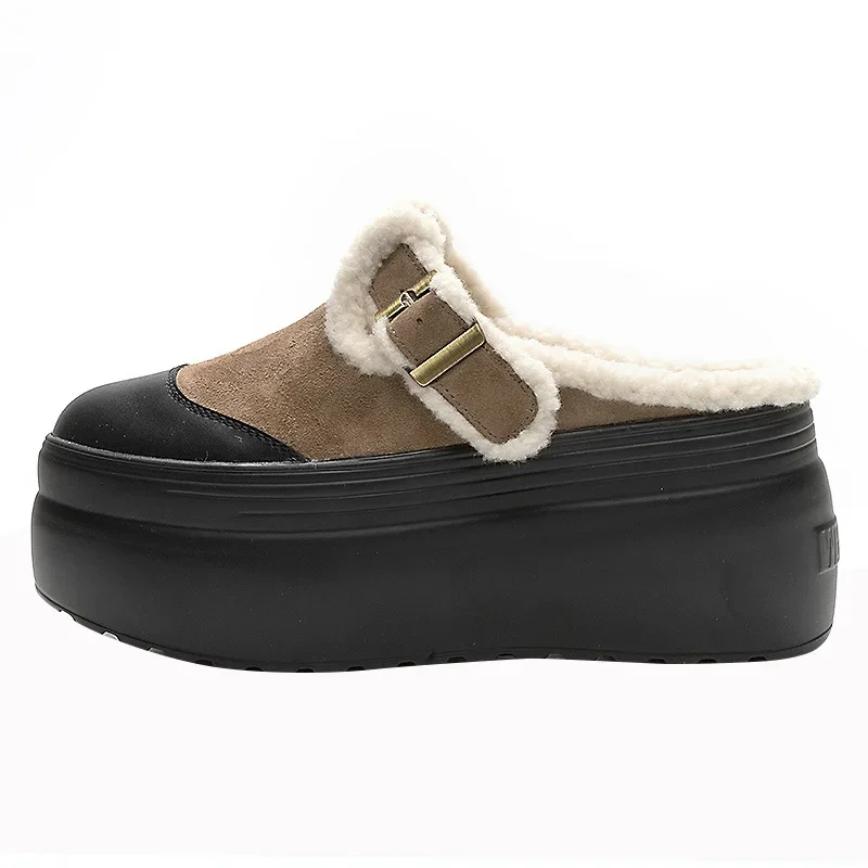 

Новинка 2023 года, женские тапочки на танкетке, модные осенне-зимние туфли-лодочки с круглым носком, женская обувь из натуральной кожи на платформе, женская плюшевая обувь