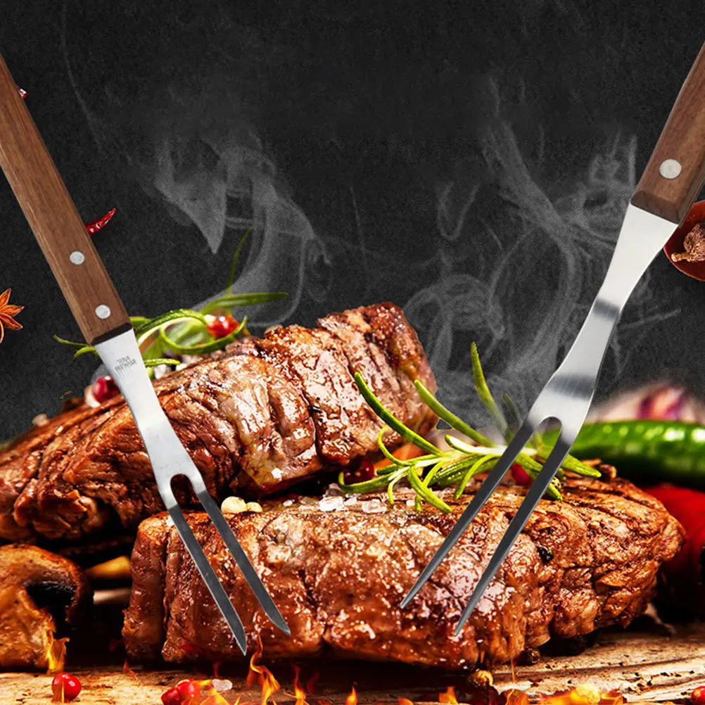 

1pc Stainless Barbecue Fork Steak Skewer Brown Handle Heavy Duty Outdoor Bbq Accessory High Temperature Resistant