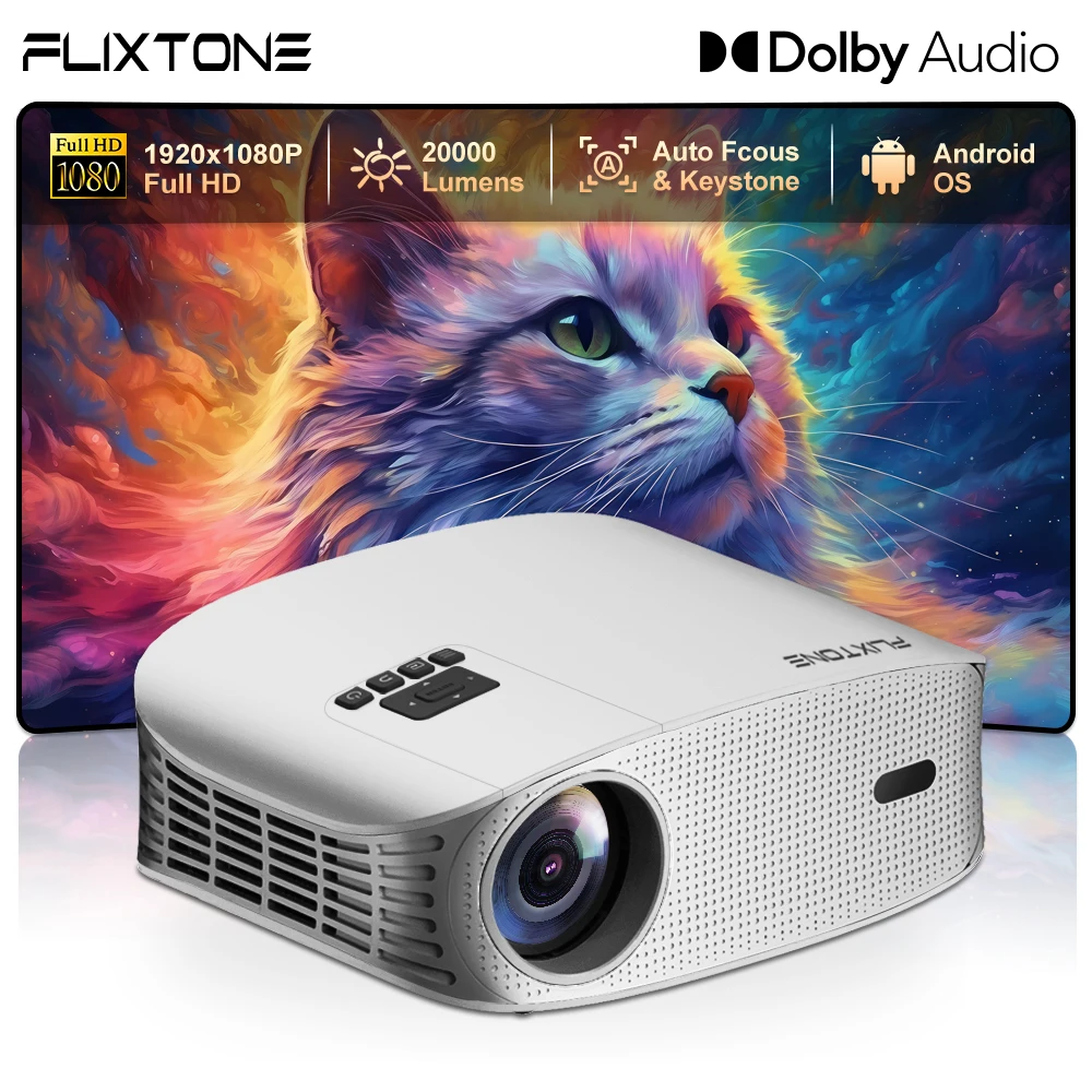 FlixTone D8W Beam Projector 4K Video Portable Projector Mini  Auto Focus  Smart Home Full HD 1080P Home Theater Cinema Beamer