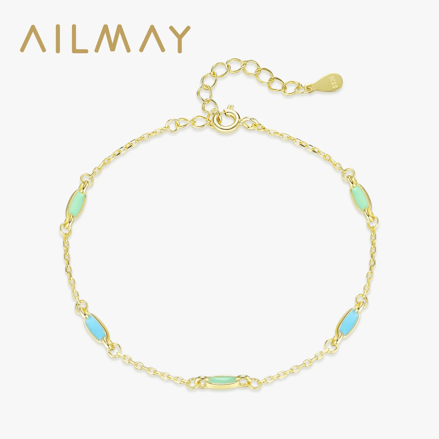 Ailmay Sterling Silber Mode blau grün Emaille Glieder kette goldene Armbänder für Frauen Verlobung Jubiläum Schmuck Geschenke