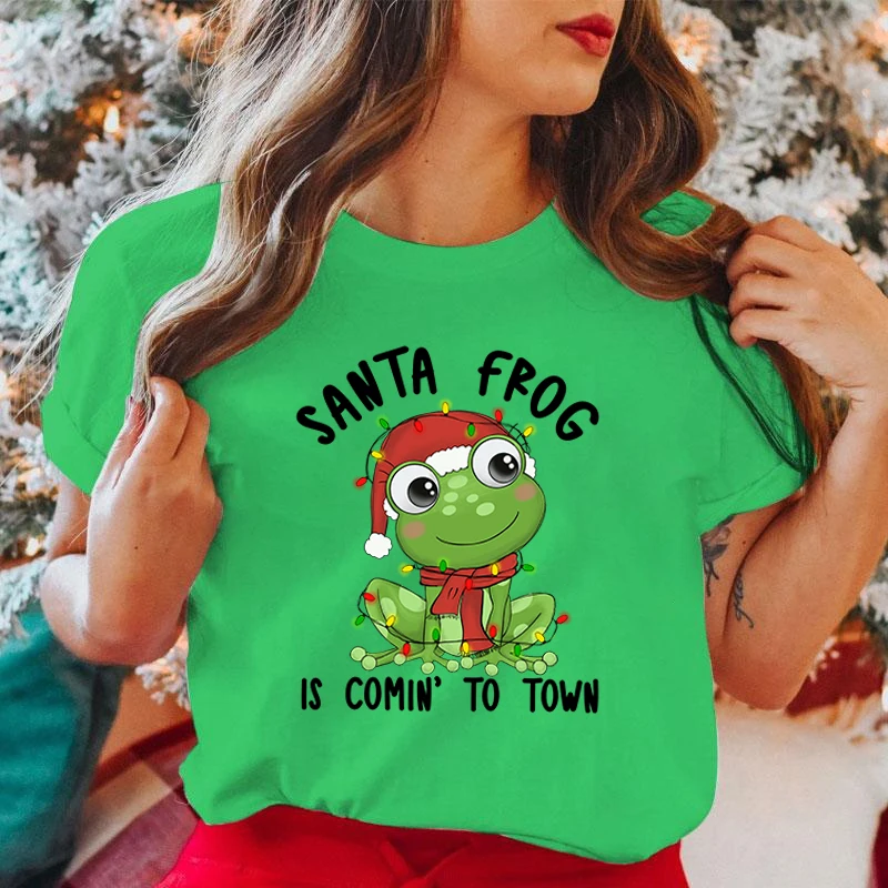 Christmas Santa Frog Is Comin To Town Print Short Sleeve T Shirts Women'S Men's Crew Neck T-Shirts Summer Comfy Soft Tees Tops