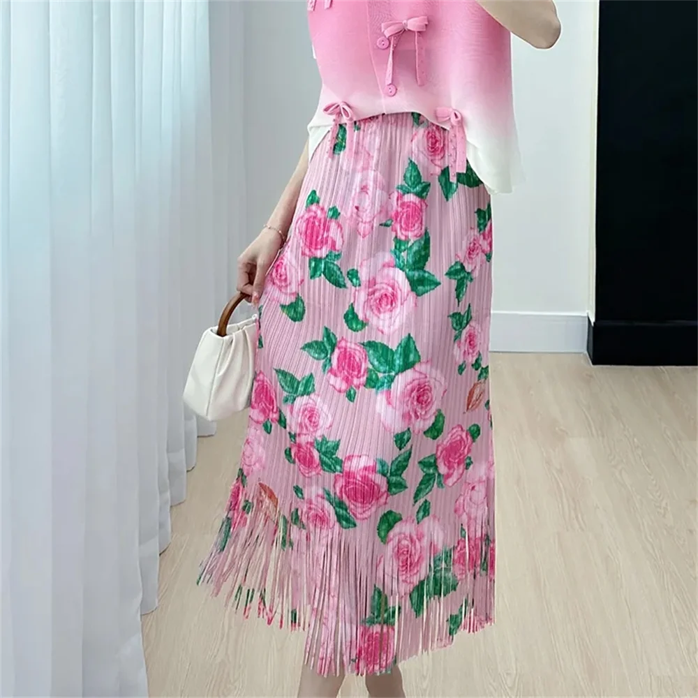 

Skirt Printed Skirt Female Summer new Fashion High-end Pleated Temperament Age-reducing Joker Loose Tassel Skirts for Women