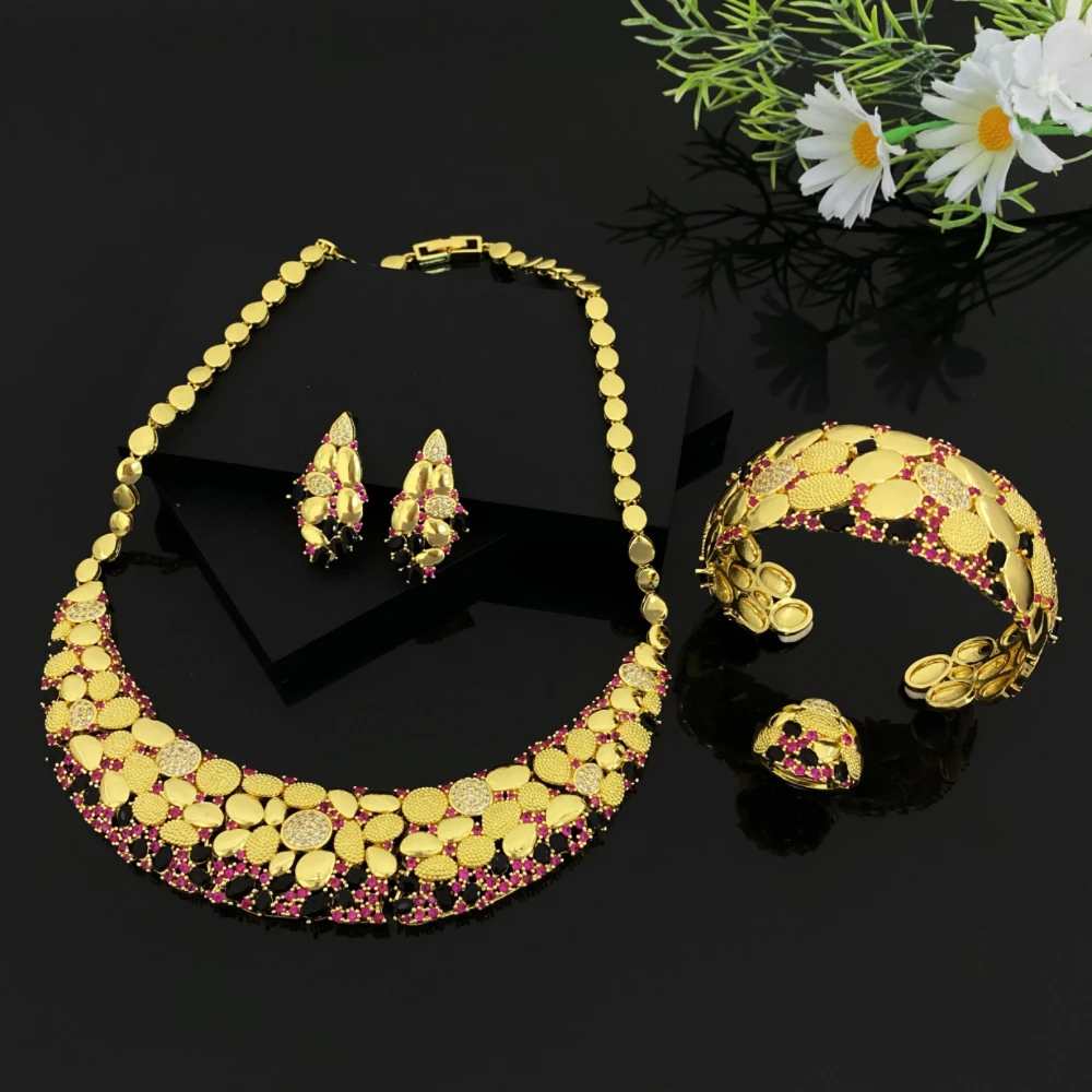 JRH Banquet Women's Simulated Zircon Jewelry Set Gold Plated Copper Bracelet Ring Necklace Earring for Gifts