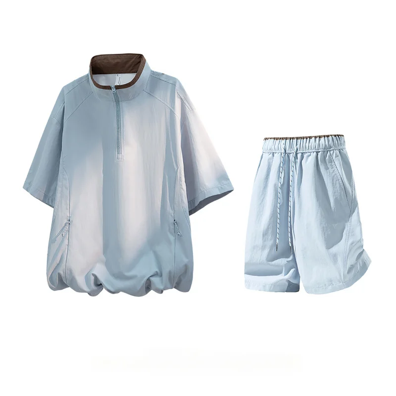 2026 Summer Ice Silk Quick Dry Casual Sports Set, Men Loose Short Sleeve T-Shirt and Shorts 2 Piece Streetwear Outfit