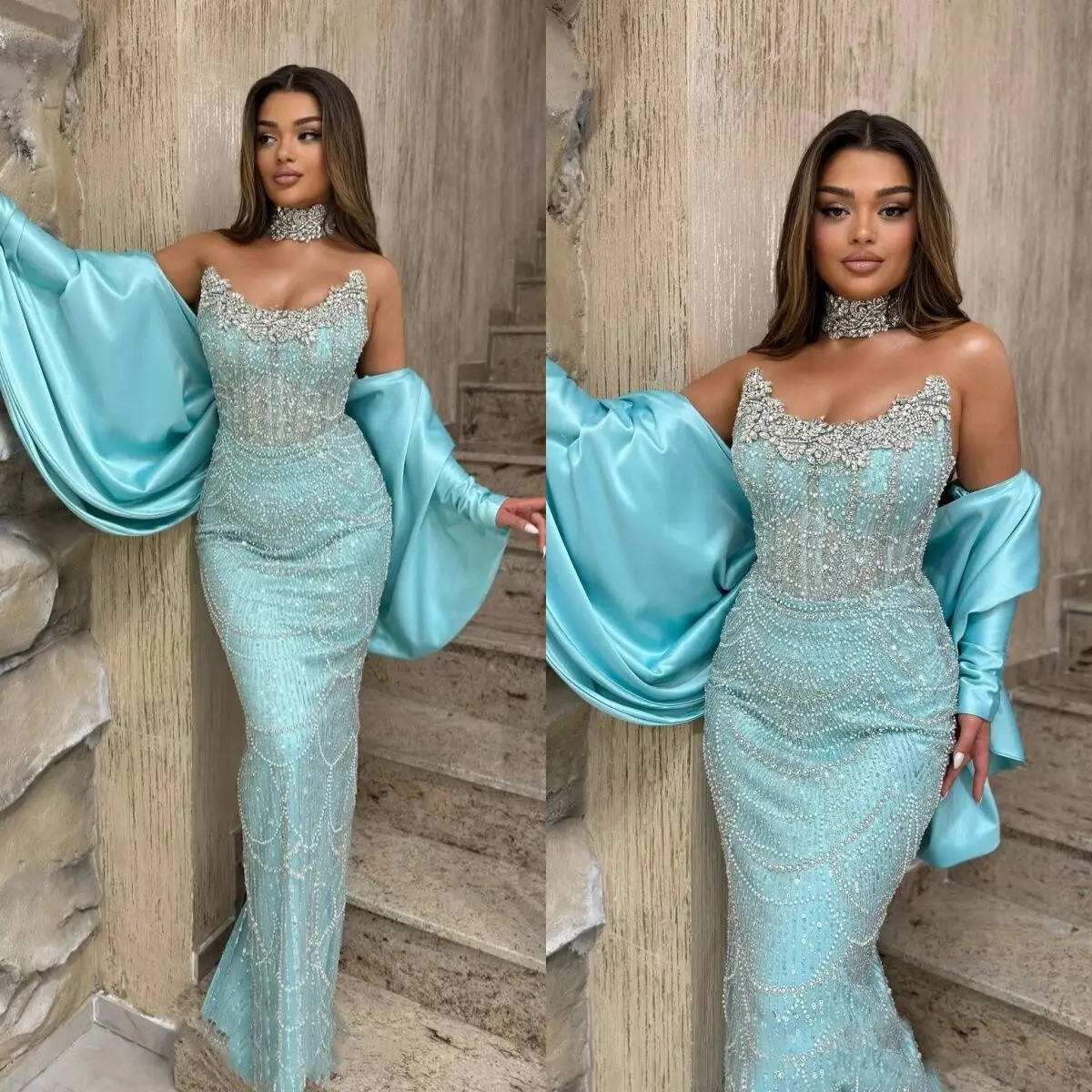 

Vintage Crystal Evening Dresses Customized Elegant Strapless Beading Pearls Lace Prom Dress With Wrap Floor Length Party Gown