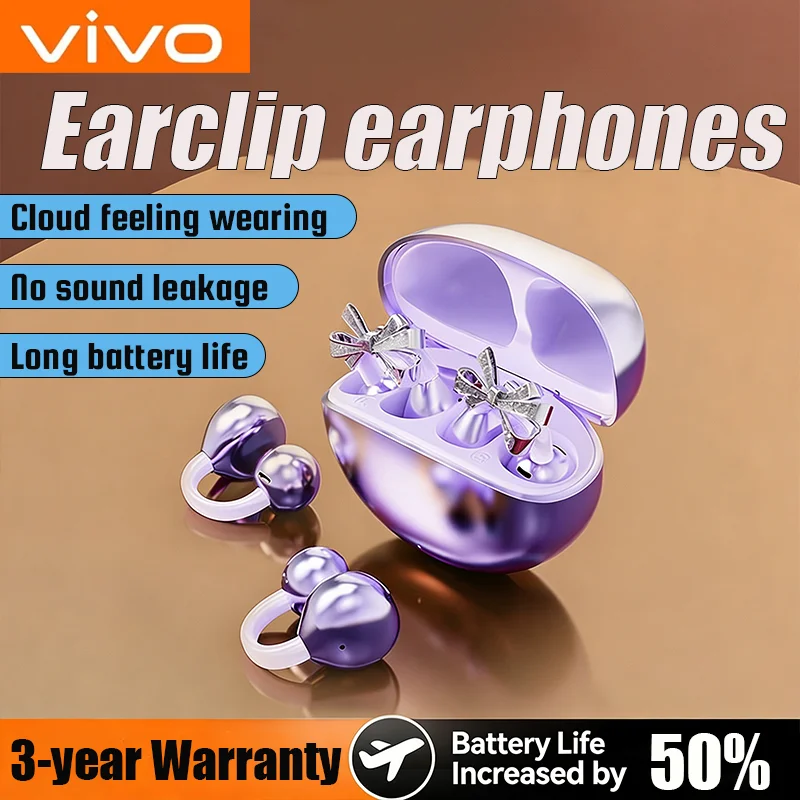 

Беспроводные Bluetooth-наушники Vivo 2026 с креплением на ухо и съемными серьгами-бантиками из кристаллов для спорта и фитнеса. НОВИНКА.