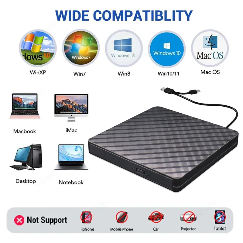 Внешний Bluetooth-привод 2 в 1, USB 3.0, портативный BD-Combo, CD-DVD-плеер, записывающее устройство для ноутбука, Linux, Windows 11/10/8/7 MacOS