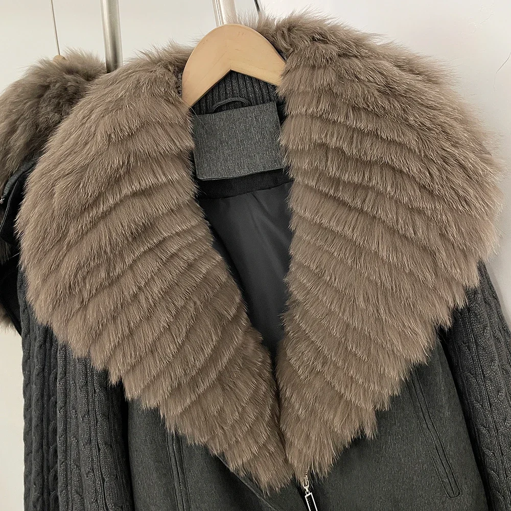 OFTBUY 90 White Duck Down Jacket Cable Knit Sleeve Zipper Drawstring Hem Cropped Coat Women Winter Real Layered Fox Fur Collar