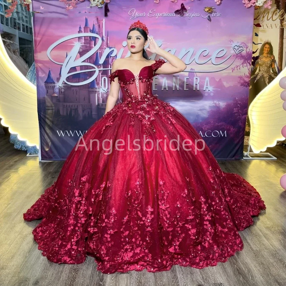 Angelsbridep 2025ชุดเดรส quinceanera สีเบอร์กันดีชุดไปงานเต้นรำผ้าปะติด3D งานพรอมชุดเดรสปาร์ตี้สำหรับผู้หญิง