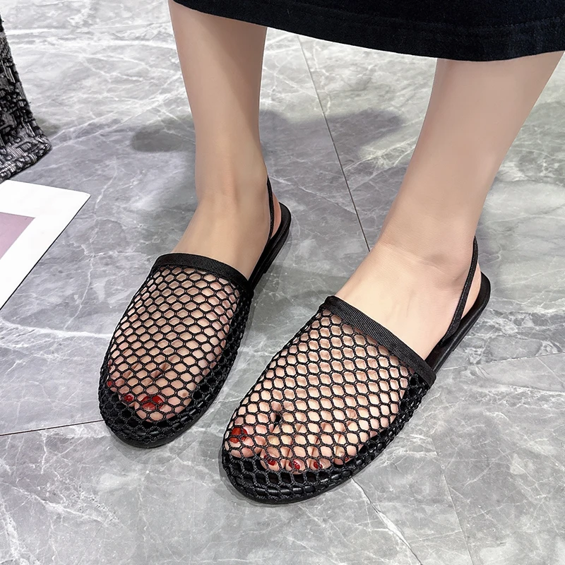 Summer Women's Slippers Sexy Mesh Mule Shoes Indoor Home Slippers Women's Flat Shoes Outdoor Beach Sandals Slides Women