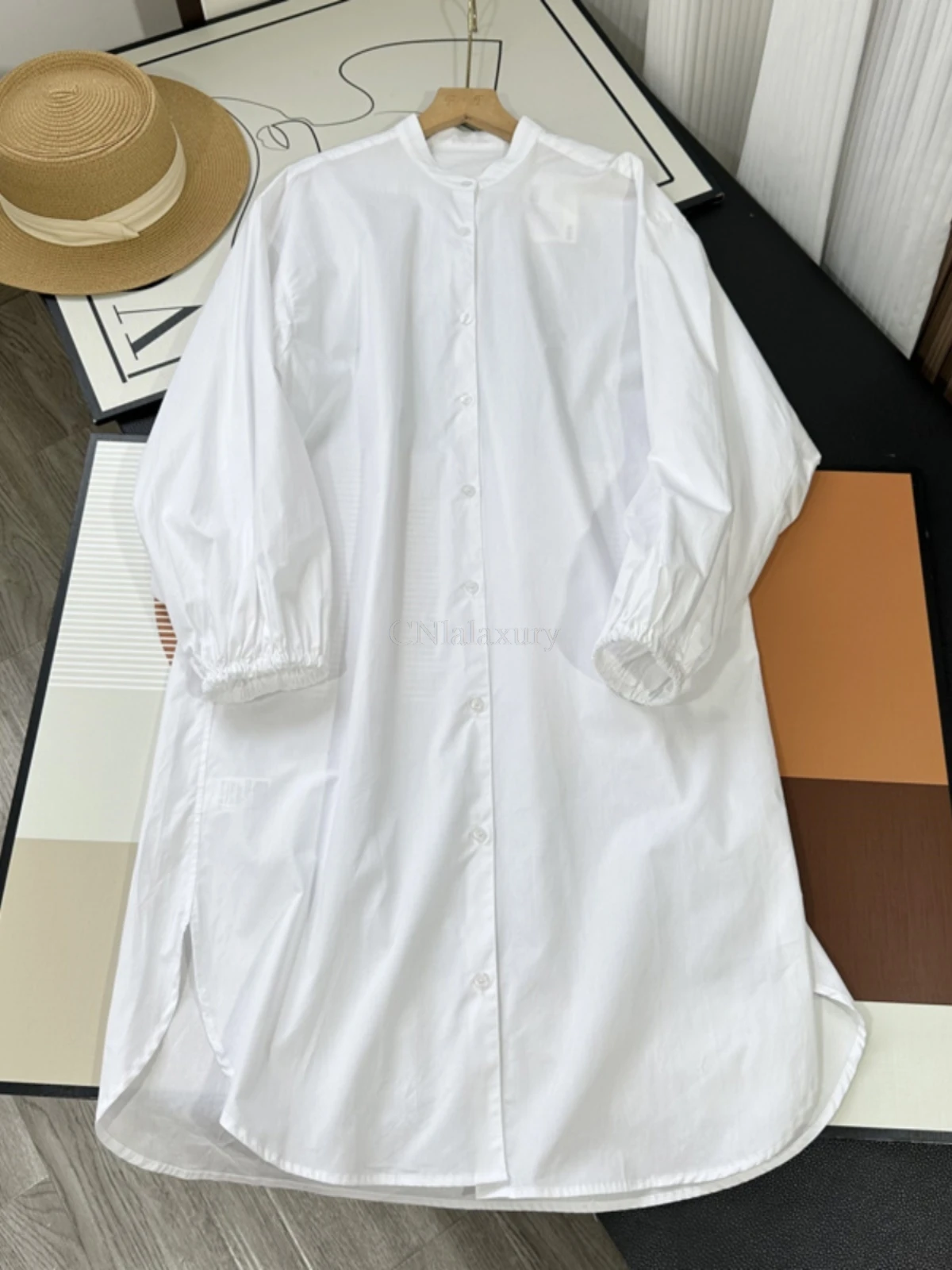 Cnlalaxury Spring White Women\'s Shirts Dresses 2024 New Single Breasted Straight Casual Loose A-Line Dress Pockets Female Robe