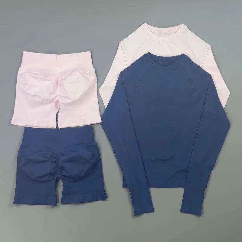 2 Pieces Gym Set Women Raglan Long Sleeve Top Scrunch Butt Biker Shorts Seamless Hip Lifting Soft Stretchy Yoga Workout Outfit