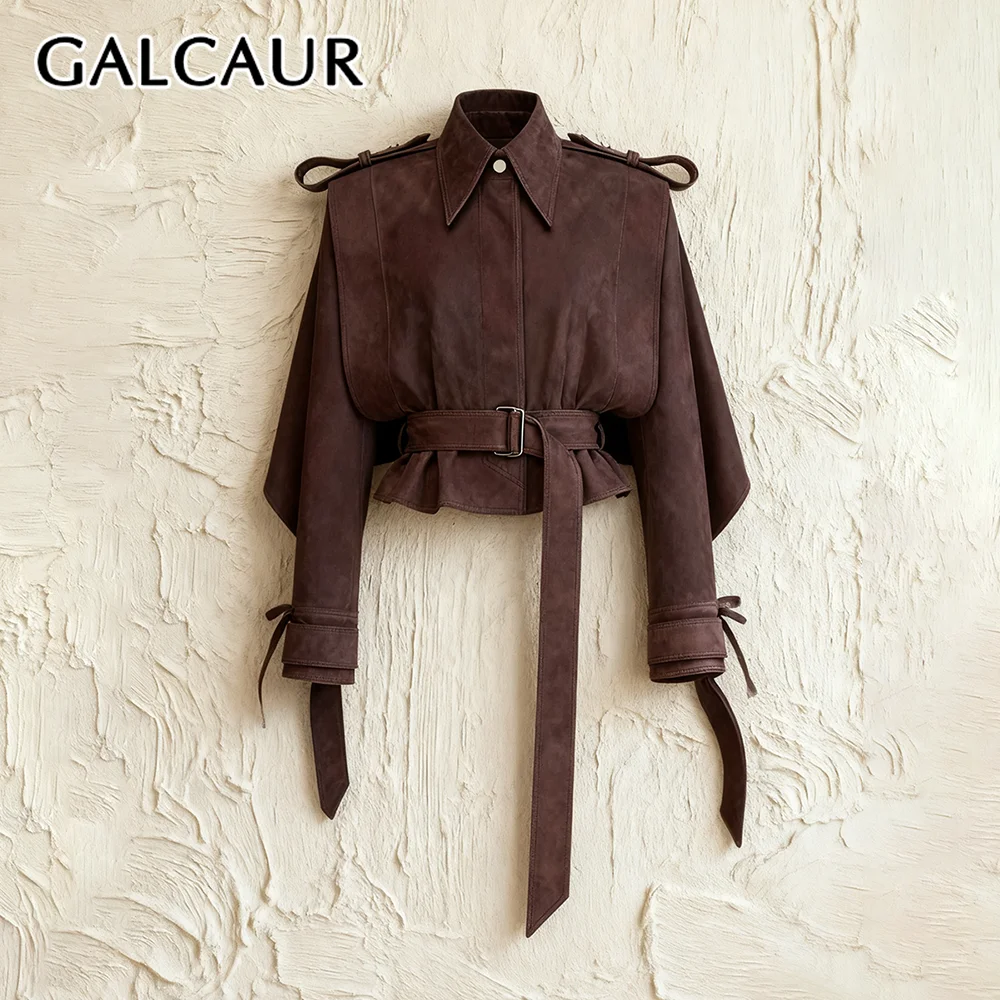 

GALCAUR Coffee Spliced Sashes Chic Jacket Female Lapel Long Sleeve Loose Vintage Streetwear Women's Jackets Autumn Style Fashion