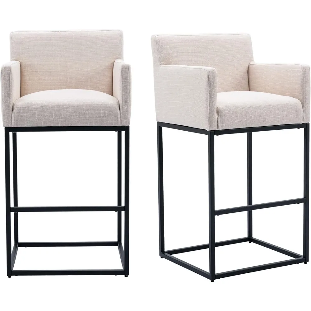 

Linen 31”H Bar Height Stools with Arms, Upholstered Stools with 12.5" H Padded Back, Modern Chairs with Black Metal