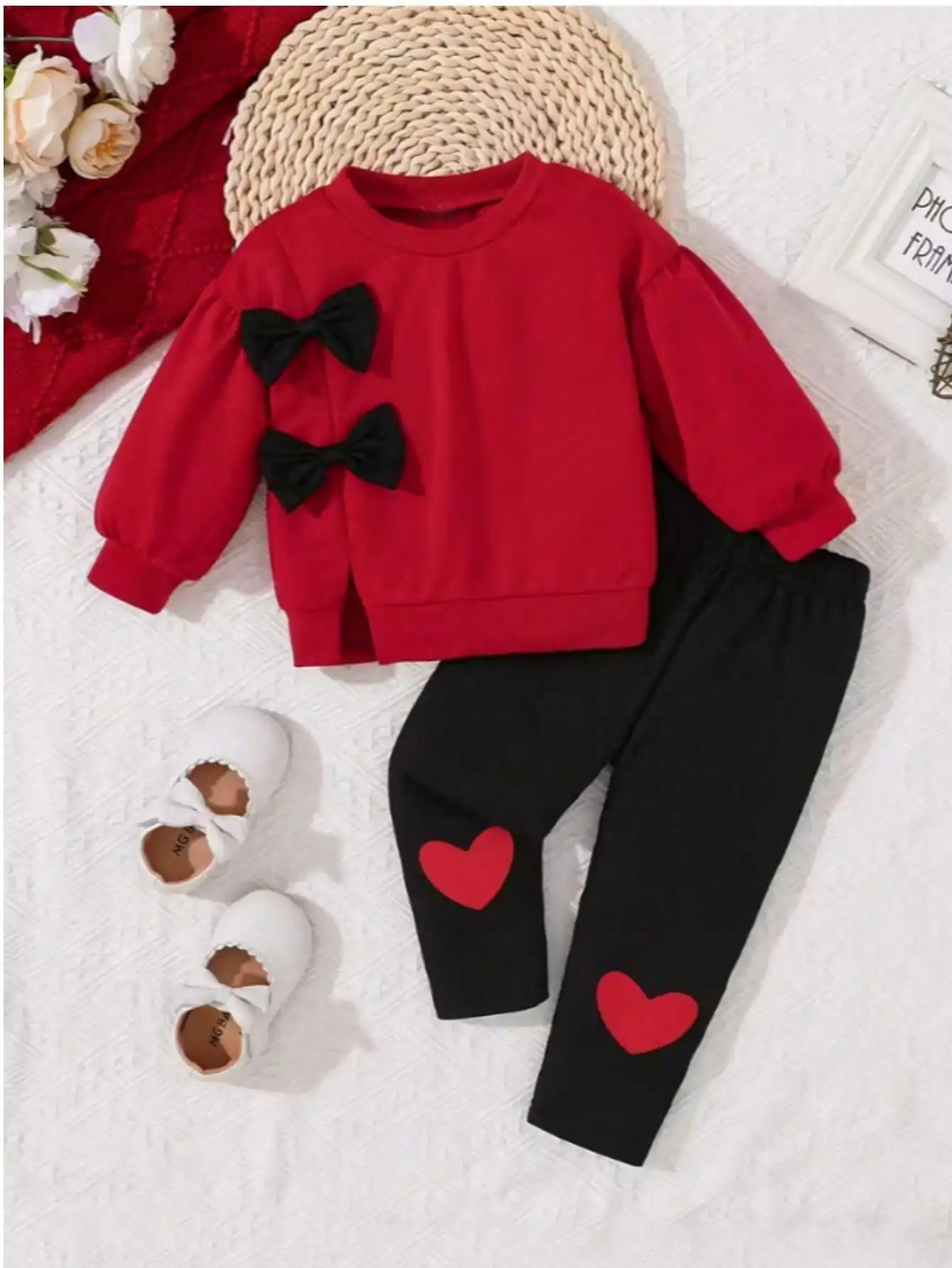 2 sets of girls' autumn and winter bow hooded sweatshirts and black pants, trendy and suitable for outdoor wear