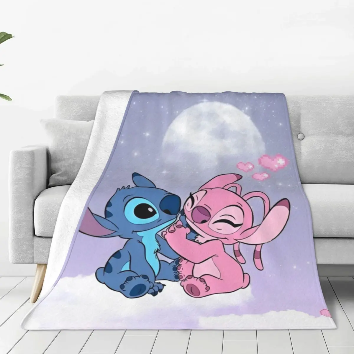 Kawaii Stitch And Angel Super Soft Blanket Cartoon Comic Picnic Plush Throw Blanket Print Bed Flannel Bedspread Sofa Bed Cover