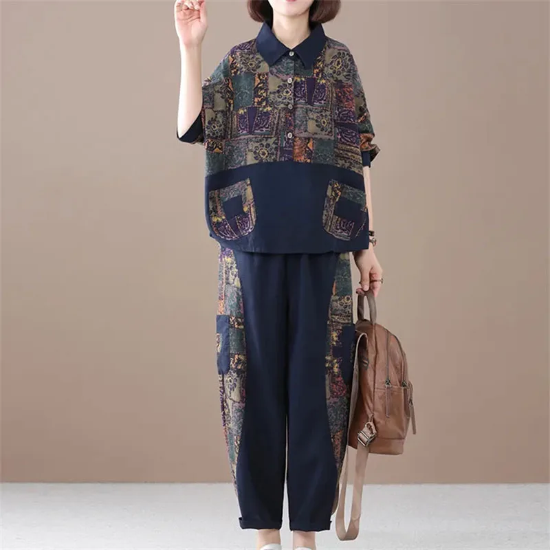 Women Suit Spring and Autumn New Korean Printed Two-piece Set Female Fashionable Casual Cotton And linen Outfit Femme 2PCS ﻿
