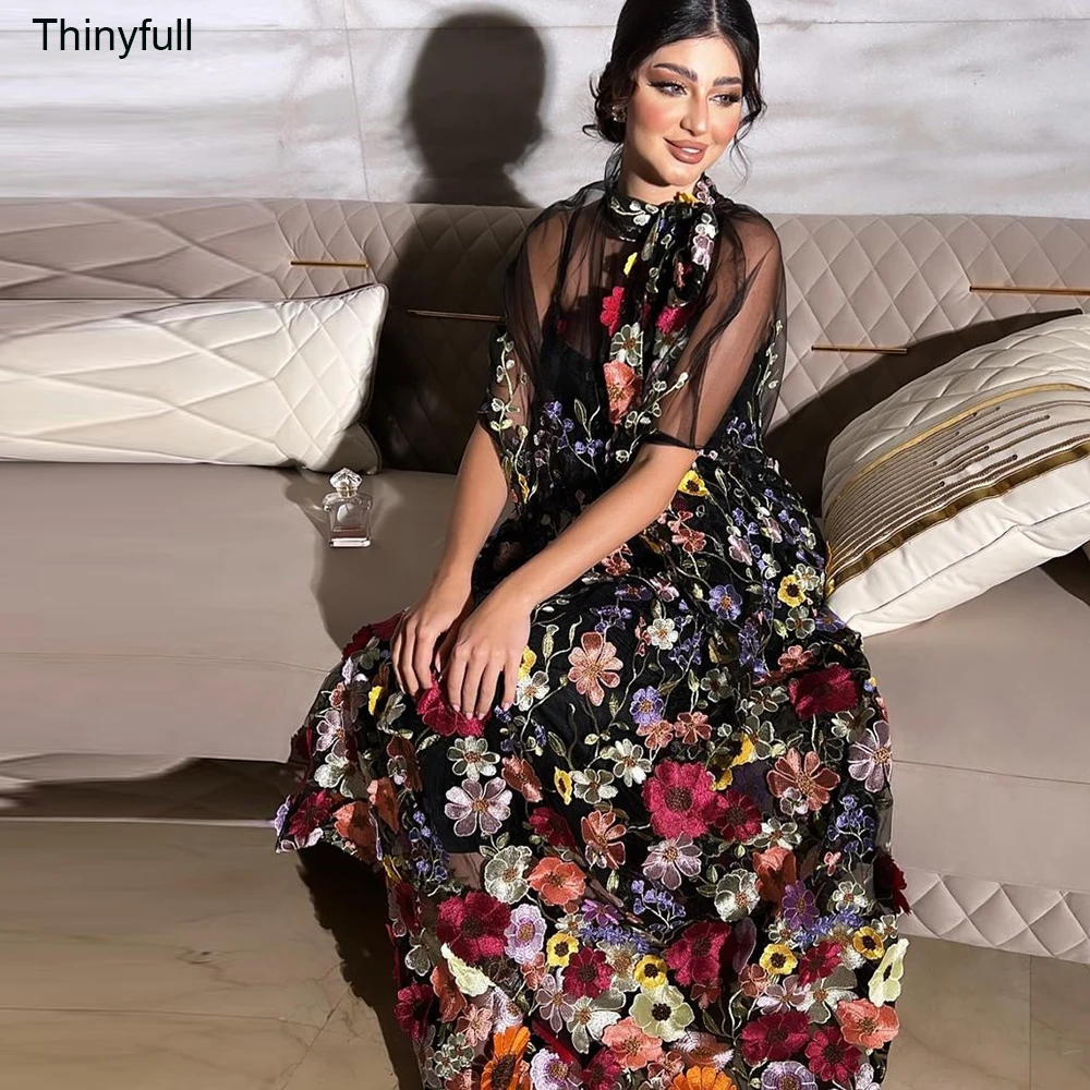 Thinyfull 3D Floral Embroidery Black Evening Party Dresses Short Sleeves Saudi Arabia Wedding Prom Gowns Vestidos De Noche