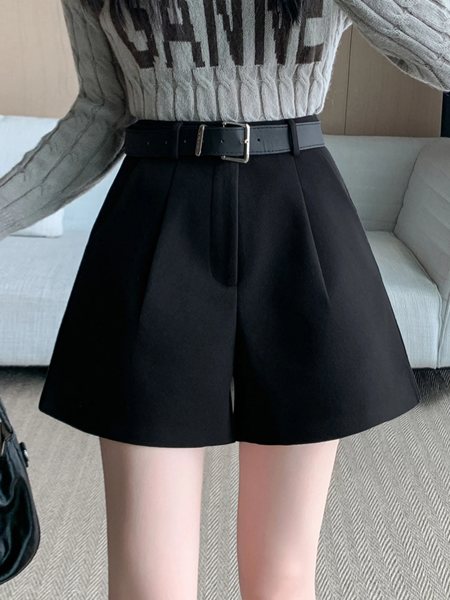 Gray Woolen Suit Pants Shorts Women's Autumn plus Size Slim A-Line Wide Leg Boot Pants High Waist Slim Casual Pants